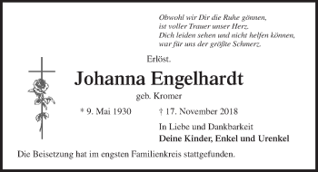 Traueranzeige von Johanna Engelhardt von Lübecker Nachrichten