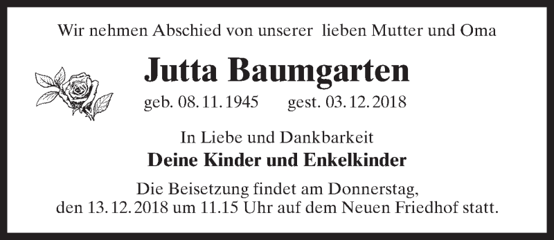  Traueranzeige für Jutta Baumgarten vom 12.12.2018 aus Märkischen Allgemeine Zeitung