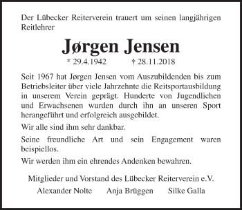 Traueranzeige von Jørgen Jensen von Lübecker Nachrichten