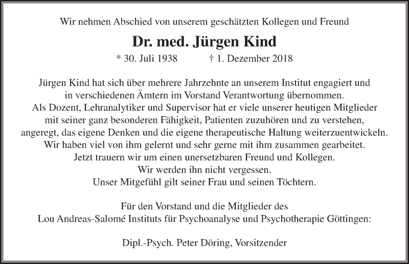  Traueranzeige für Jürgen Kind vom 08.12.2018 aus Göttinger Tageblatt