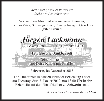 Traueranzeige von Jürgen Lackmann von Ostsee-Zeitung GmbH