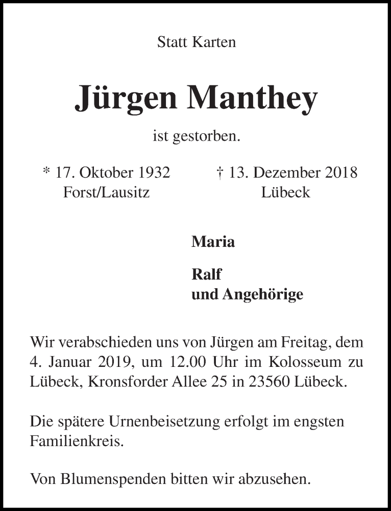  Traueranzeige für Jürgen Manthey vom 23.12.2018 aus Lübecker Nachrichten