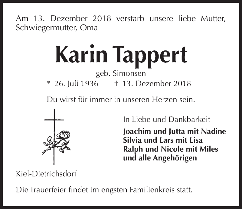  Traueranzeige für Karin Tappert vom 22.12.2018 aus Kieler Nachrichten