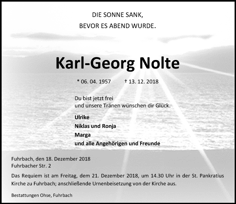  Traueranzeige für Karl-Georg Nolte vom 18.12.2018 aus Eichsfelder Tageblatt