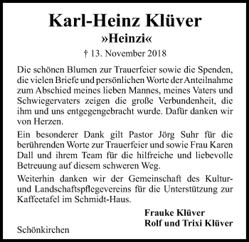 Traueranzeige von Karl-Heinz Klüver von Kieler Nachrichten