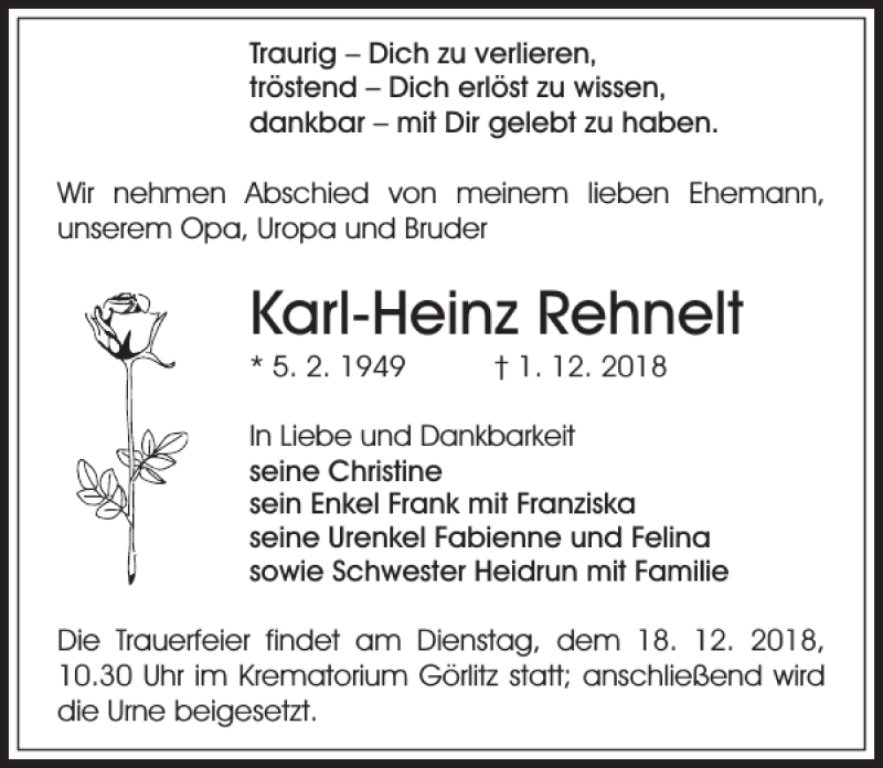  Traueranzeige für Karl-Heinz Rehnelt vom 08.12.2018 aus Sächsische Zeitung