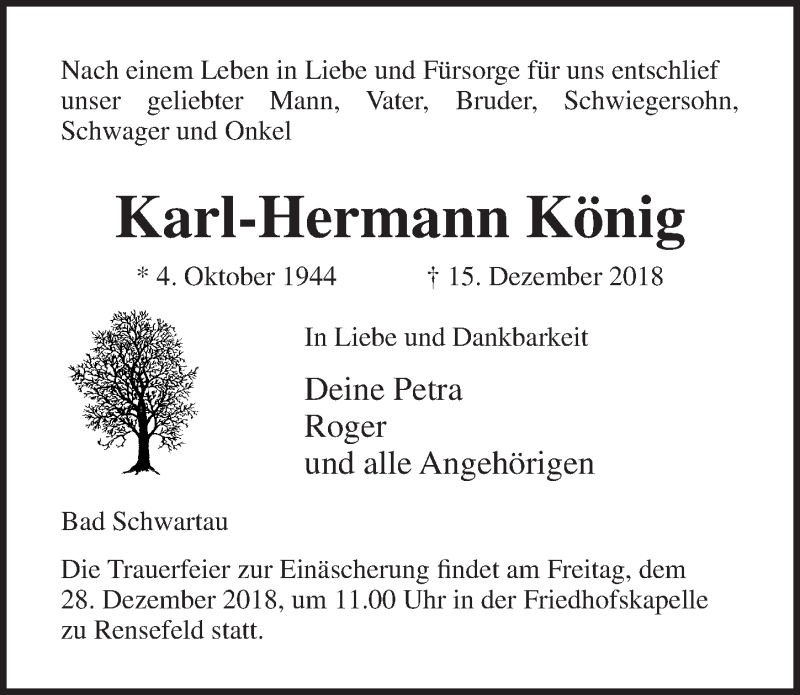  Traueranzeige für Karl-Hermann König vom 23.12.2018 aus Lübecker Nachrichten
