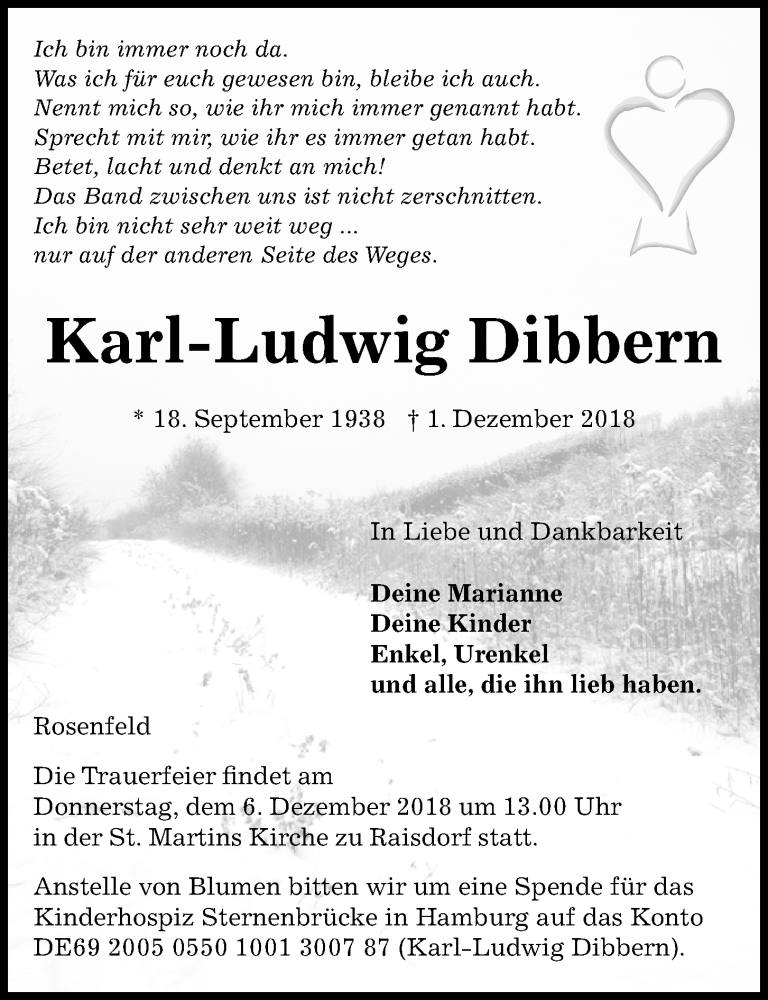 Traueranzeige für Karl-Ludwig Dibbern vom 04.12.2018 aus Kieler Nachrichten