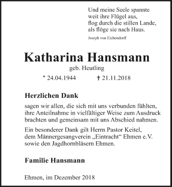 Traueranzeige von Katharina Hansmann von Aller Zeitung