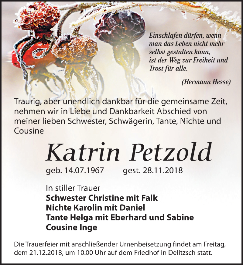  Traueranzeige für Katrin Petzold vom 08.12.2018 aus Leipziger Volkszeitung