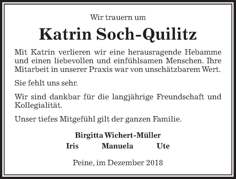  Traueranzeige für Katrin Soch-Quilitz vom 19.12.2018 aus Peiner Allgemeine Zeitung