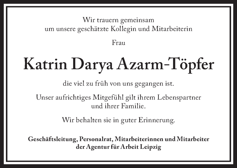  Traueranzeige für Katrin Darya Azarm-Töpfer vom 22.12.2018 aus Leipziger Volkszeitung