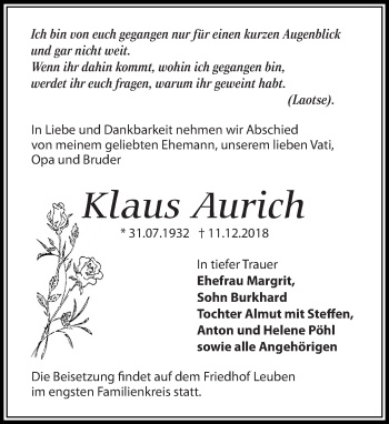 Traueranzeige von Klaus Aurich von Dresdner Neue Nachrichten