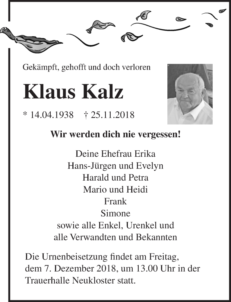  Traueranzeige für Klaus Kalz vom 01.12.2018 aus Ostsee-Zeitung GmbH