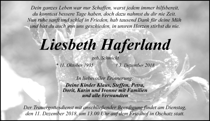  Traueranzeige für Liesbeth Haferland vom 08.12.2018 aus Leipziger Volkszeitung