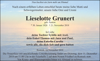 Traueranzeige von Lieselotte Grunert von Ostsee-Zeitung GmbH