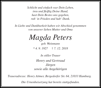 Traueranzeige von Magda Peters von Lübecker Nachrichten