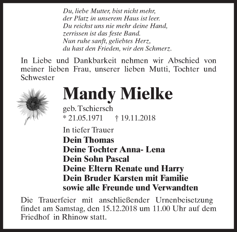  Traueranzeige für Mandy Mielke vom 08.12.2018 aus Märkischen Allgemeine Zeitung
