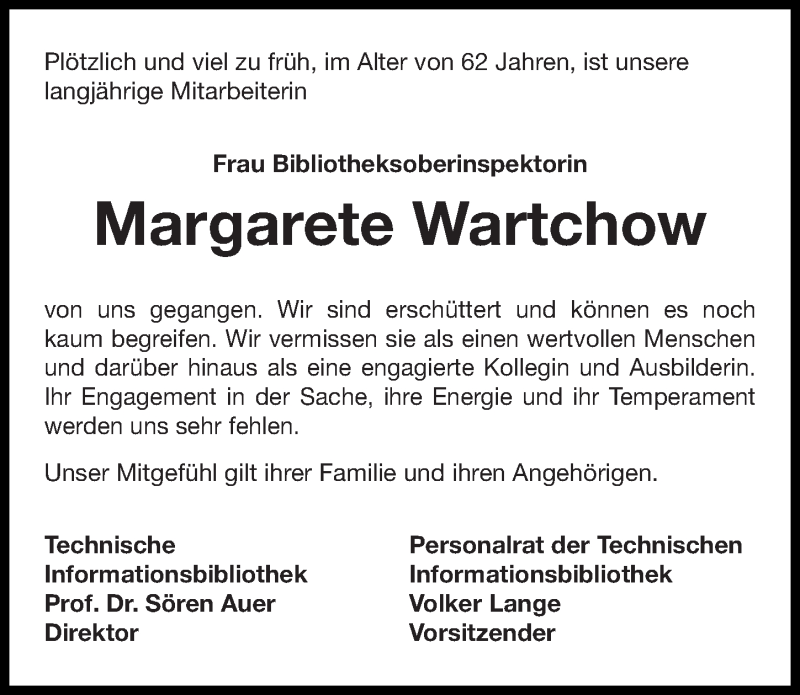  Traueranzeige für Margarete Wartchow vom 08.12.2018 aus Hannoversche Allgemeine Zeitung/Neue Presse