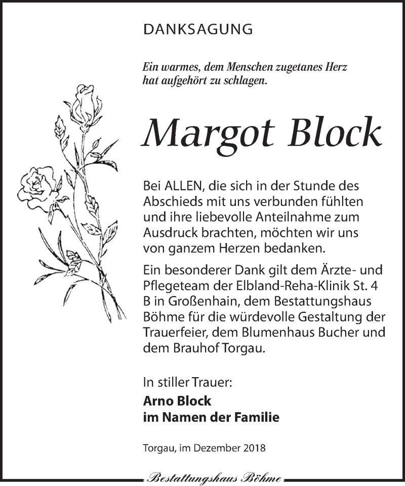  Traueranzeige für Margot Block vom 15.12.2018 aus Torgauer Zeitung
