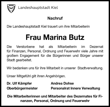 Traueranzeige von Marina Butz von Kieler Nachrichten