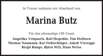 Traueranzeige von Marina Butz von Kieler Nachrichten