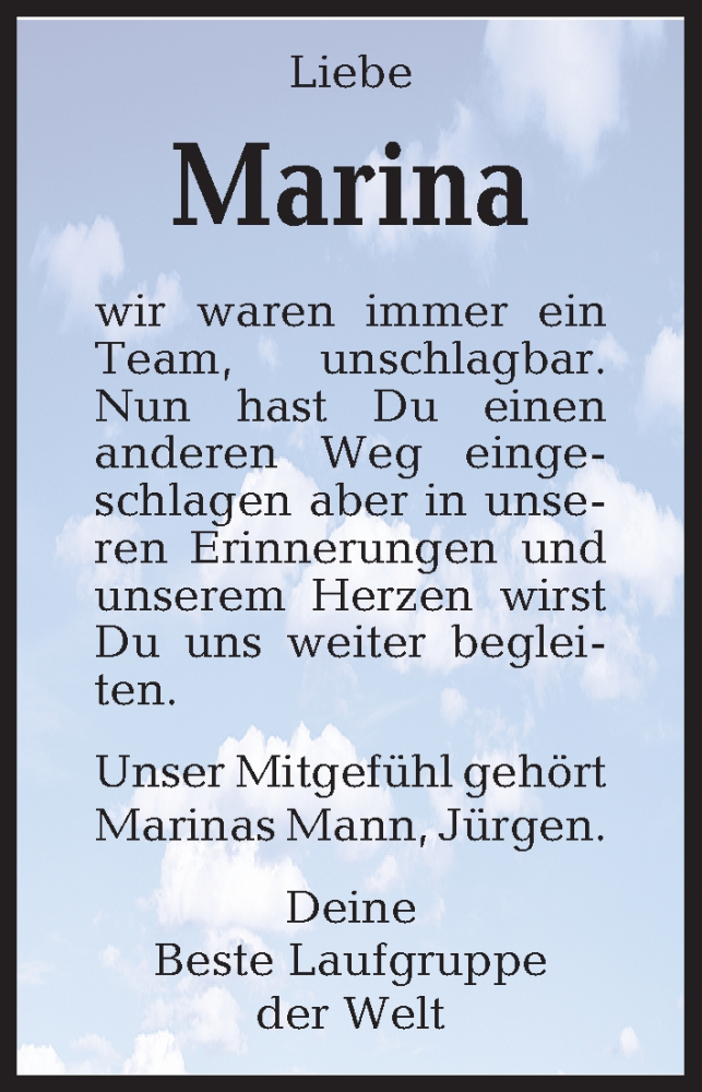  Traueranzeige für Marina Butz vom 01.12.2018 aus Kieler Nachrichten