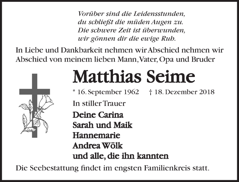  Traueranzeige für Matthias Seime vom 23.12.2018 aus Lübecker Nachrichten