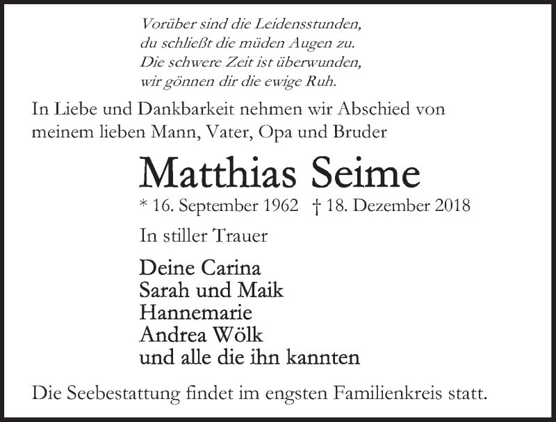  Traueranzeige für Matthias Seime vom 30.12.2018 aus Lübecker Nachrichten