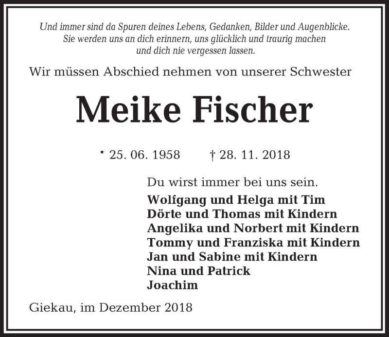  Traueranzeige für Meike Fischer vom 04.12.2018 aus Kieler Nachrichten