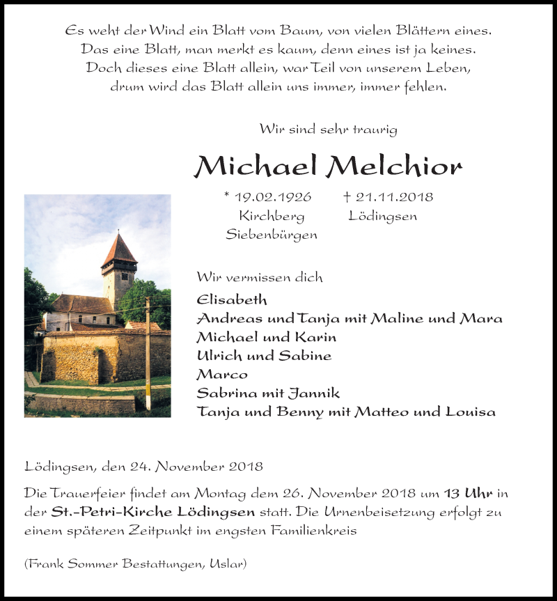  Traueranzeige für Michael Melchior vom 24.11.2018 aus Göttinger Tageblatt