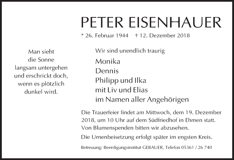  Traueranzeige für Peter Eisenhauer vom 18.12.2018 aus Aller Zeitung