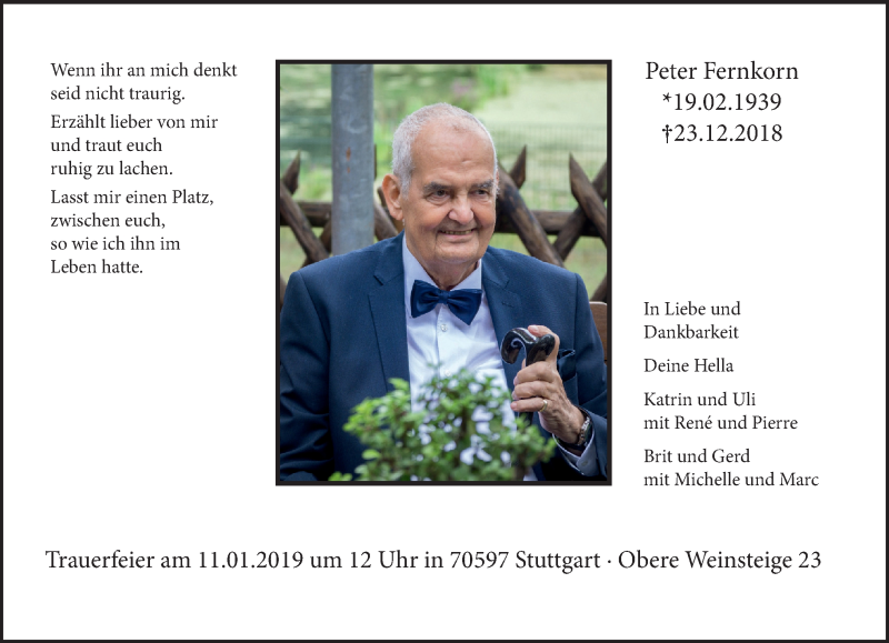  Traueranzeige für Peter Fernkorn vom 29.12.2018 aus Leipziger Volkszeitung