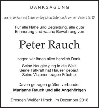 Traueranzeige von Peter Rauch von Dresdner Neue Nachrichten