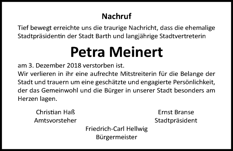  Traueranzeige für Petra Meinert vom 08.12.2018 aus Ostsee-Zeitung GmbH