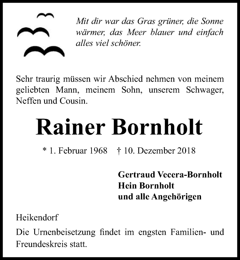  Traueranzeige für Rainer Bornholt vom 15.12.2018 aus Kieler Nachrichten