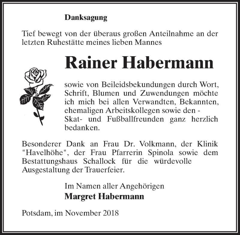  Traueranzeige für Rainer Habermann vom 01.12.2018 aus Märkischen Allgemeine Zeitung