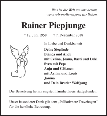 Traueranzeige von Rainer Piepjunge von Lübecker Nachrichten