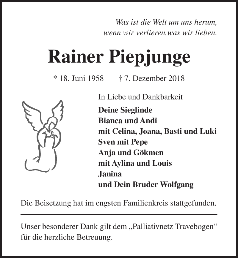  Traueranzeige für Rainer Piepjunge vom 16.12.2018 aus Lübecker Nachrichten