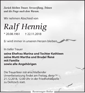 Traueranzeige von Ralf Hennig von Leipziger Volkszeitung