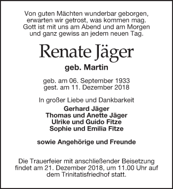 Traueranzeige von Renate Jäger von Dresdner Neue Nachrichten