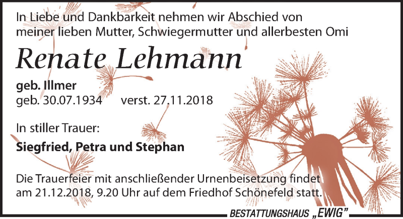  Traueranzeige für Renate Lehmann vom 01.12.2018 aus Leipziger Volkszeitung