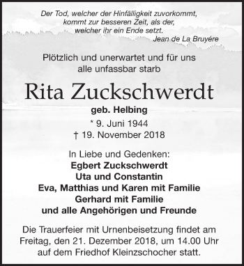 Traueranzeige von Rita Zuckschwerdt von Leipziger Volkszeitung