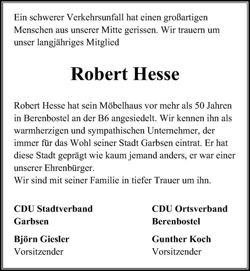  Traueranzeige für Robert Hesse vom 19.12.2018 aus 