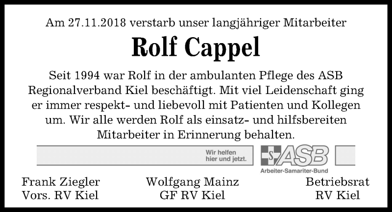  Traueranzeige für Rolf Cappel vom 08.12.2018 aus Kieler Nachrichten