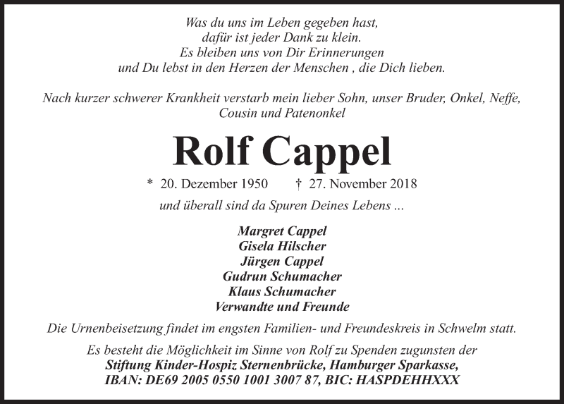  Traueranzeige für Rolf Cappel vom 01.12.2018 aus Kieler Nachrichten