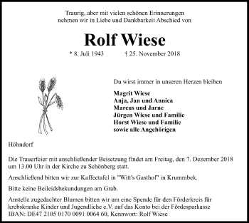 Traueranzeige von Rolf Wiese von Kieler Nachrichten