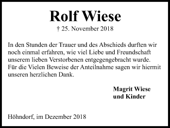 Traueranzeige von Rolf Wiese von Kieler Nachrichten