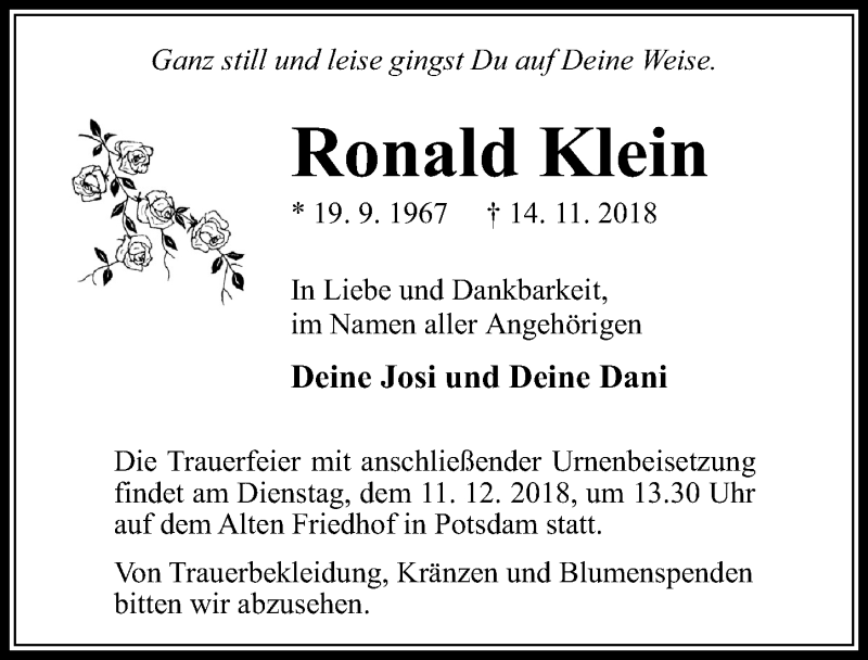  Traueranzeige für Ronald Klein vom 01.12.2018 aus Märkischen Allgemeine Zeitung