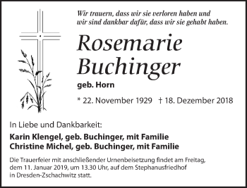 Traueranzeige von Rosemarie Buchinger von Dresdner Neue Nachrichten